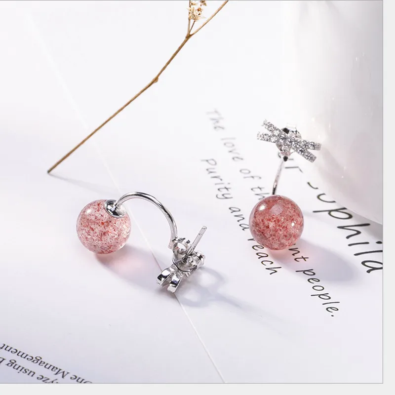 Uglyless Natural Strawberry Quartz Ball Stud Earrings Women Handmade Solid 925 Silver Bow Studs Detachable Dual Use Fine Jewelry | Украшения