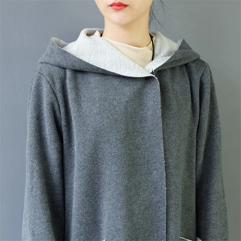 SCUWLINEN, осенне-зимняя женская куртка, одноцветная, винтажная, с капюшоном, на пуговицах, свободная, длинная, утолщенная, хлопок, флис, толстовки S461