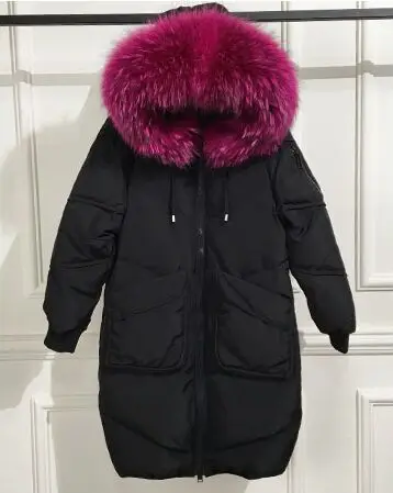 rose red fur Большой натуральный мех енота, новинка, зимняя куртка для женщин, с капюшоном, длинный пуховик, парка, пальто для женщин, Толстая теплая куртка на утином пуху, Свободное пальто - Цвет: rose red fur