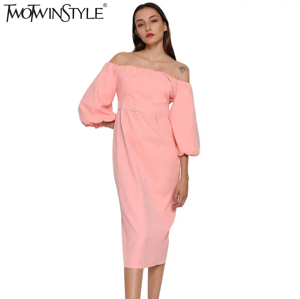pink TWOTWINSTYLE, сексуальное миди длинное летнее платье с открытыми плечами, с вырезом лодочкой, с рукавом-фонариком, женские вечерние платья, женские большие размеры - Цвет: pink