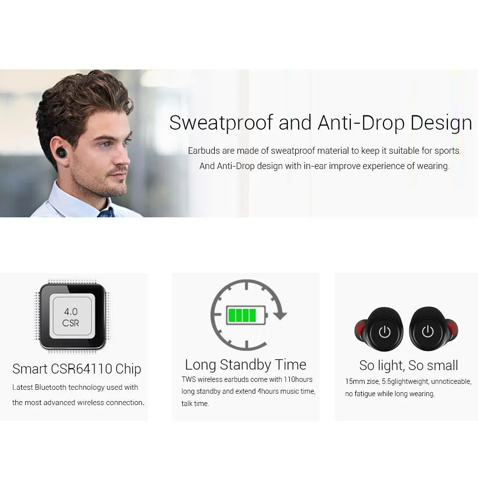 True Wireless Stereo Bluetooth Earbuds Headset Mini Twins TWS Earphone Handfree Headphones(black) | Электроника