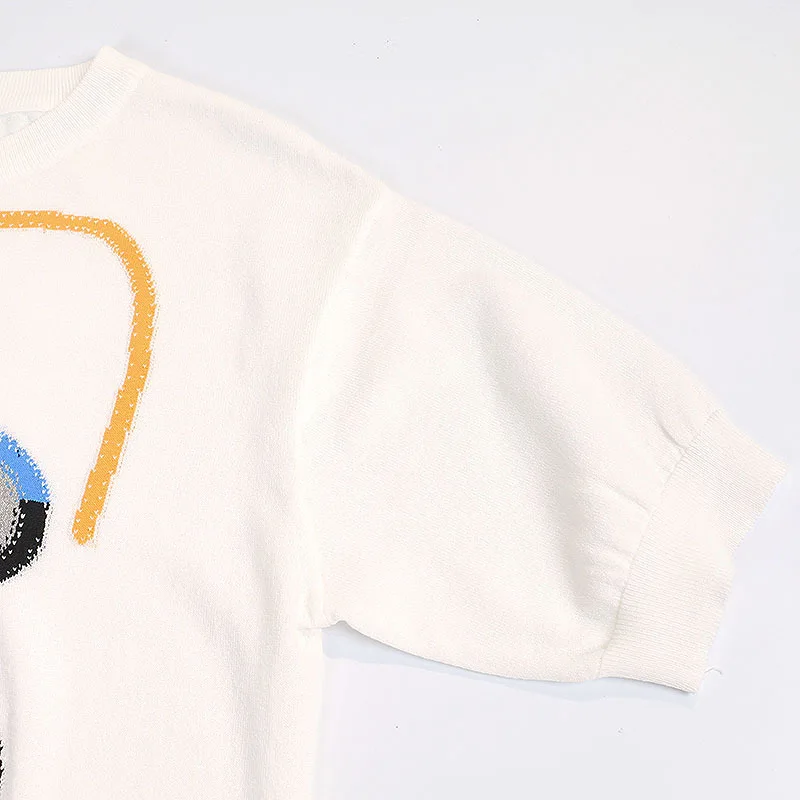Womens Sweater Tops Fashion Cartoon Expression Embroidered Spring Summer Autumn Female Rainbow Ice Silk Knitted Pullovers Shirts | Женская