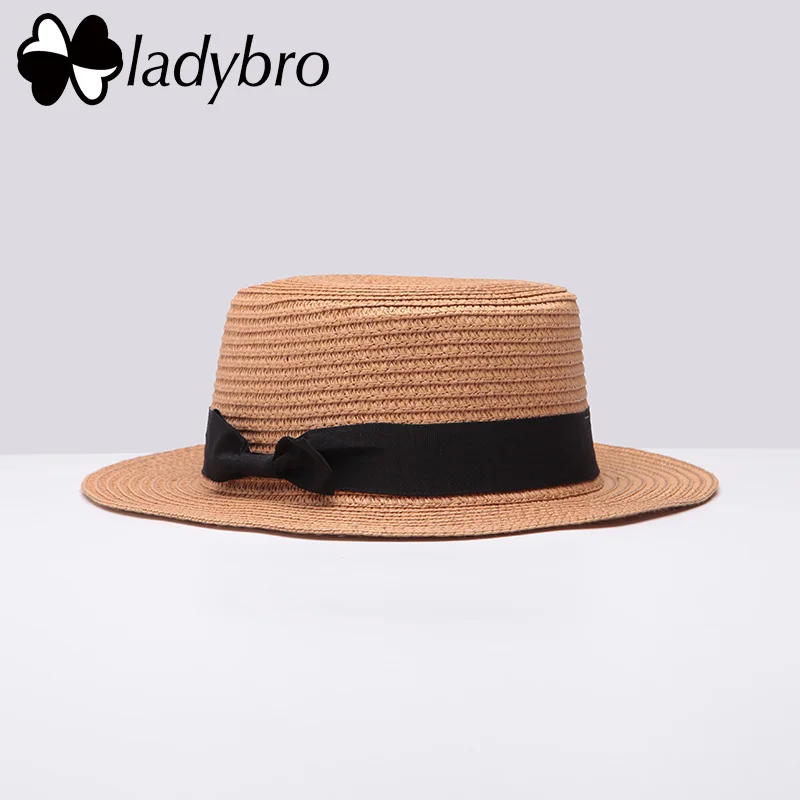 Ladybro Летняя женская пляжная шляпа, Женская Повседневная Панама, Дамская лента, Классический бант, плоская шляпа от солнца, женская шляпа для путешествий - Цвет: 004 light coffee