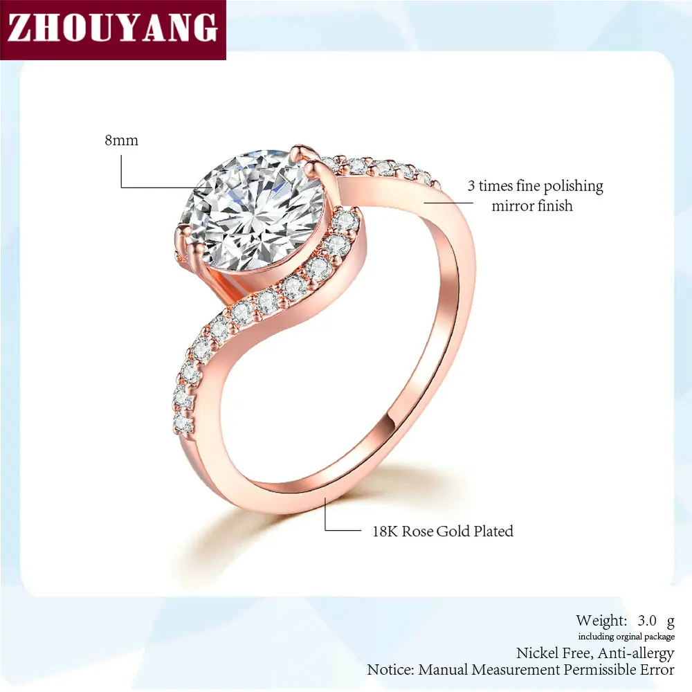 ZHOUYANG, обручальные кольца для женщин, классические, яркие, 8 мм, прозрачные/красные, фианит, розовое золото, цвет, модное ювелирное изделие, подарок R389 R399