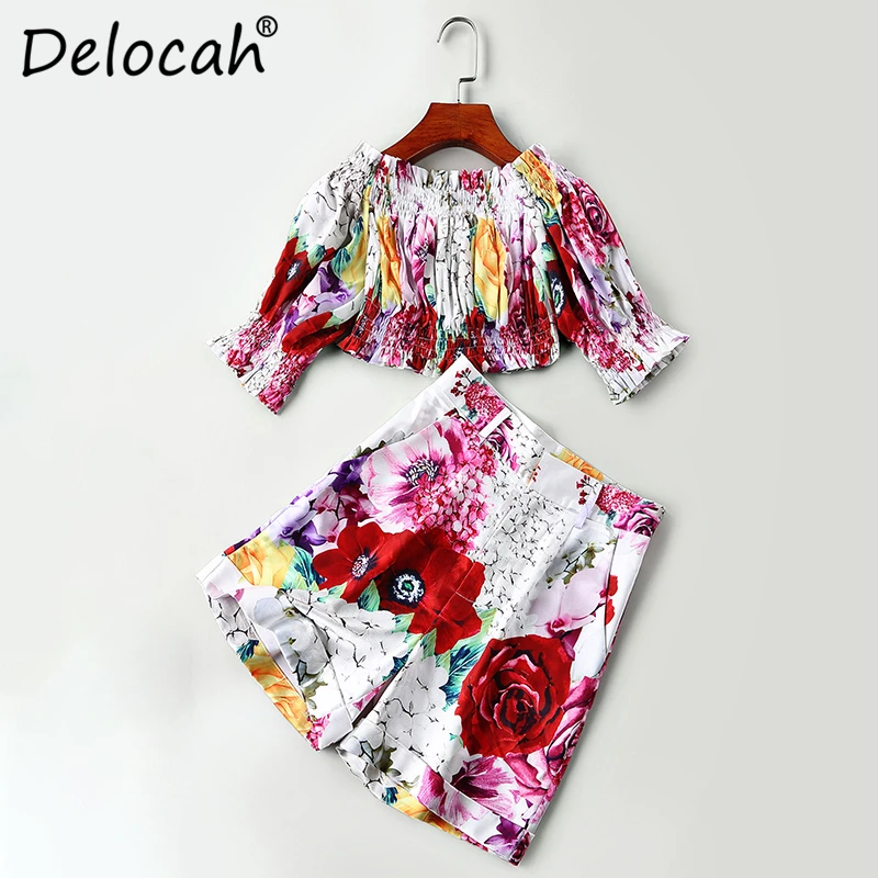 

Delocah Spring Summer Women Set Sexy Slash neck Slash Flower Printed Top + Boho Beach Holiday Shorts Two Pieces Set Lady Suits