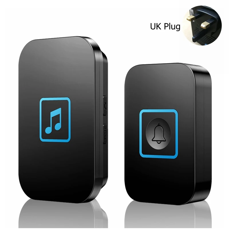 black 1x1 UK Умный дом, беспроводной дверной звонок, светодиодный светильник, водонепроницаемый, 1 кнопка, 1 2 приемника, США, ЕС, Великобритания, AU, вилка, батарея, интеллектуальный звонок - Цвет: black 1x1 UK