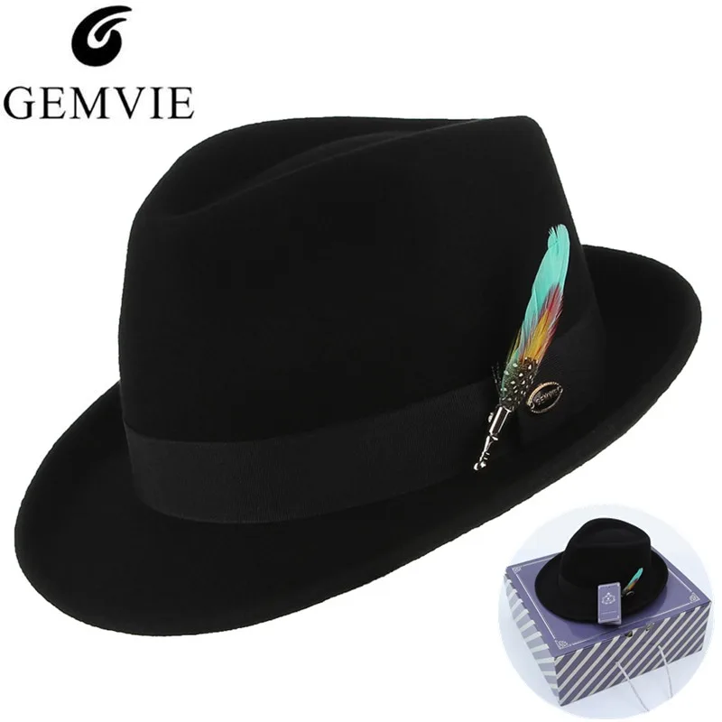 GEMVIE Мужская и женская шляпа из Трилби с перьями, классическая шляпа-федора с изогнутыми полями, шерстяной джазовый головной убор джентльмена