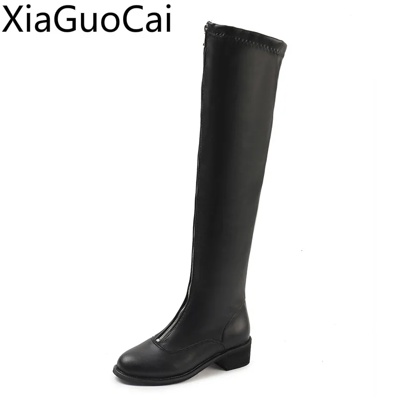 

Autumn and Winter New Women's Over-the-Knee Boots Round Toe PU Zip Warm Martin Middle Knee High Boots