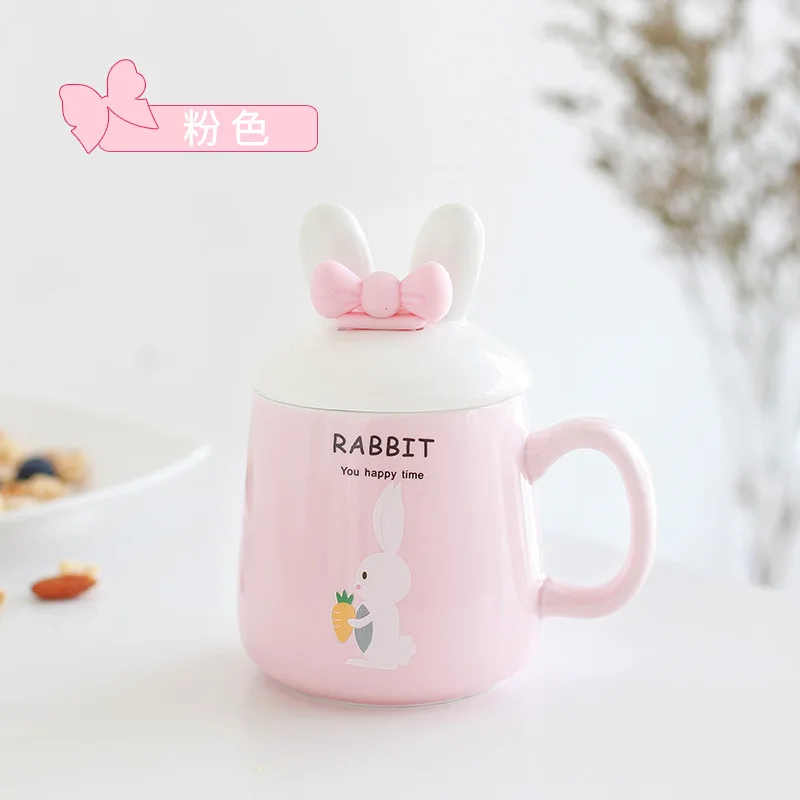 Pink Каваи 3D мультфильм кролик керамическая кофейная кружка с крышкой и бантом ложка фарфоровая Питьевая чашка кофе молоко чай чашка - Цвет: Pink