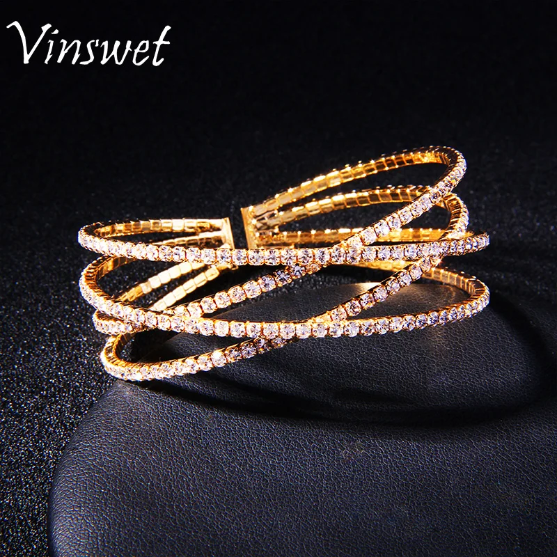 Vinwset Золотой Цвет Циркон Браслет Манжета и Мода Sparkly Кристалл Для Женщин Модные