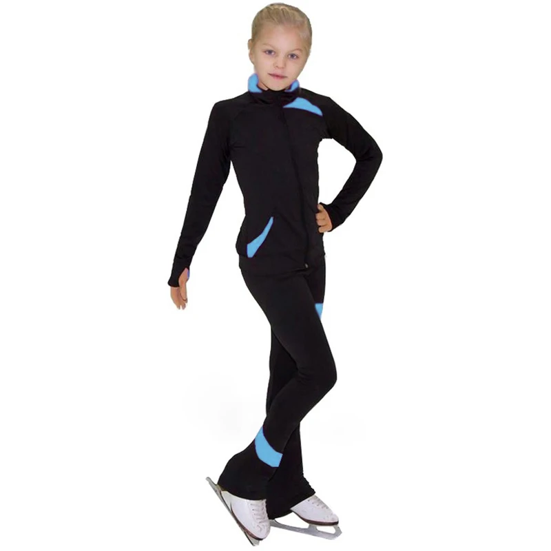 black sky blue Индивидуальные костюмы для фигурного катания куртка и брюки длинные брюки для девочек женские тренировочные Patinaje Катание на коньках теплая гимнастика 15 - Цвет: black sky blue