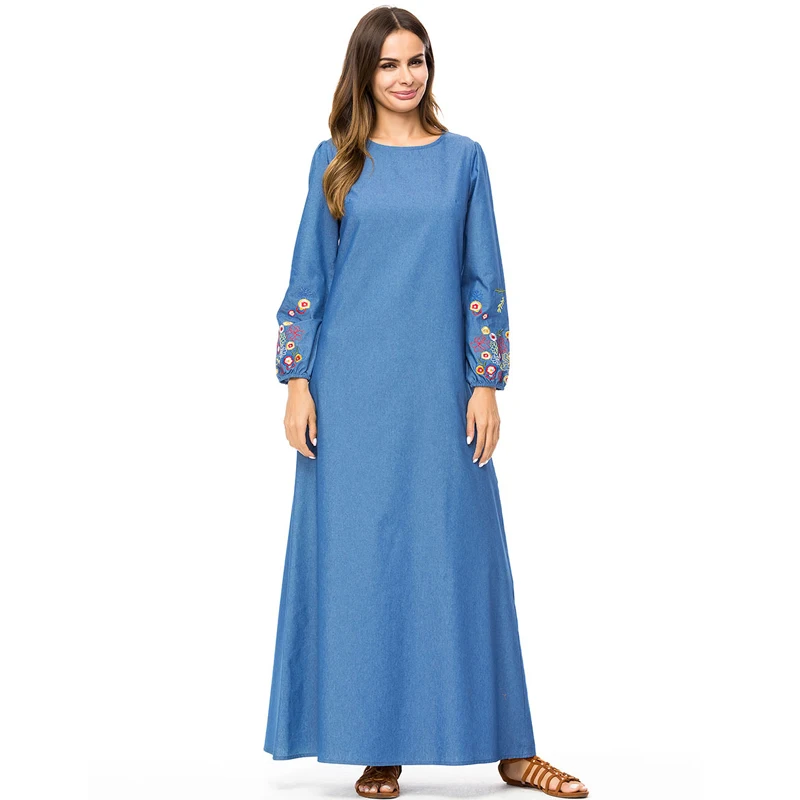 Vintage Fall Women Long Sleeve Jean Dress Muslim Dubai Abaya Corban Jalabiya Islamic Eid Denim Party Embroidery Robe longue |