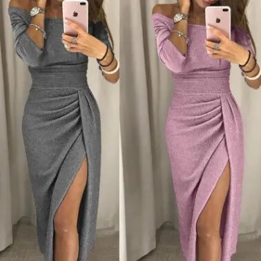 Glitter Dresses 2019 Women Elegant Party Dress Female Shiny Slash Neck Ruched Thigh Slit Sexy Club Wrist Sleeve Vestidos | Женская