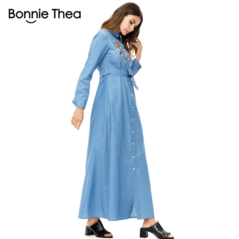 Бонни Thea 2018 женские Осень Denim Вышивка длинное платье женский Кнопка полный рукав