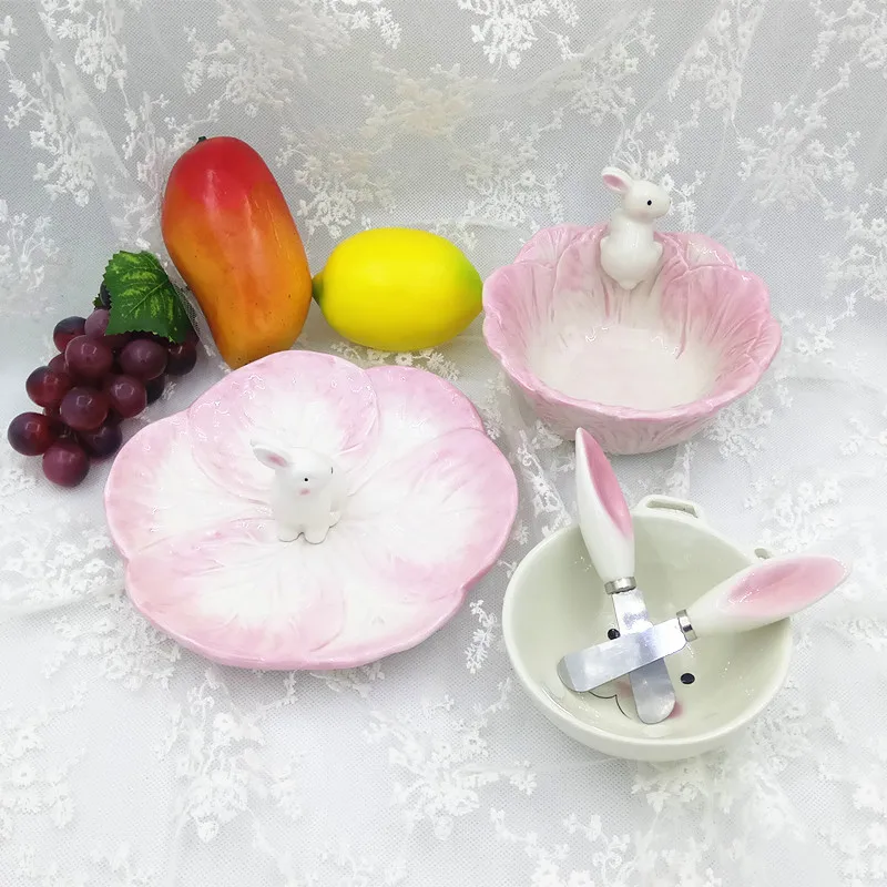 Керамическая миска Салатница с совком рисовая для фруктов детская розовая