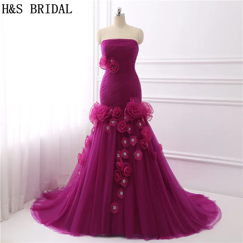 

H&S BRIDAL Purple prom dresses 2017 Pleated Tulle mermaid prom dress Organza Flower Beaded Lace Up evening dress robe de soiree