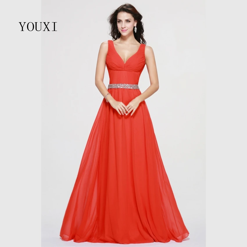 

Sexy Spaghetti Strap Long Evening Dresses 2019 New Chifon Beaded Crystal A-Line Formal Red Prom Gowns FED29