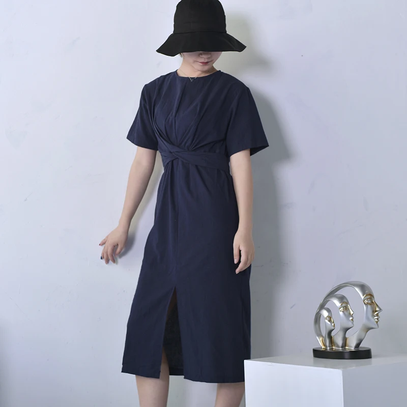 LANMREM 2021 летнее Новое однотонное свободное винтажное женское платье с круглой