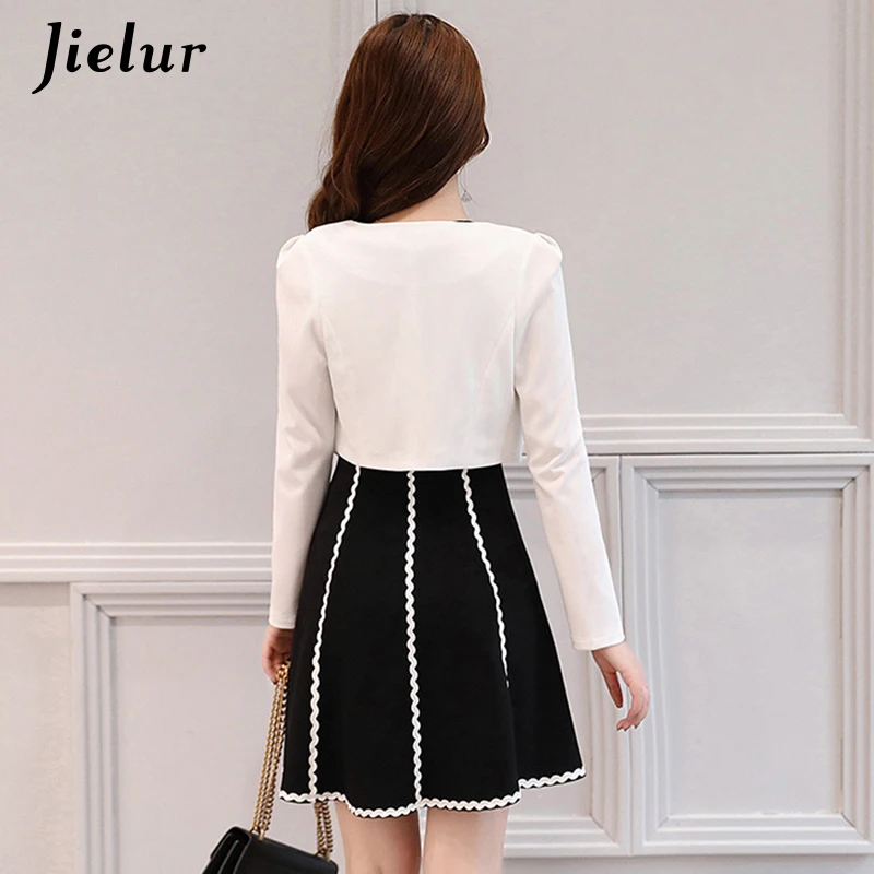Jielur Elegant Stripe White Black Dress Set Autumn Classic Chic 2 Piece Women Korean Fashion Conjunto Feminino S-XL Dropship | Женская