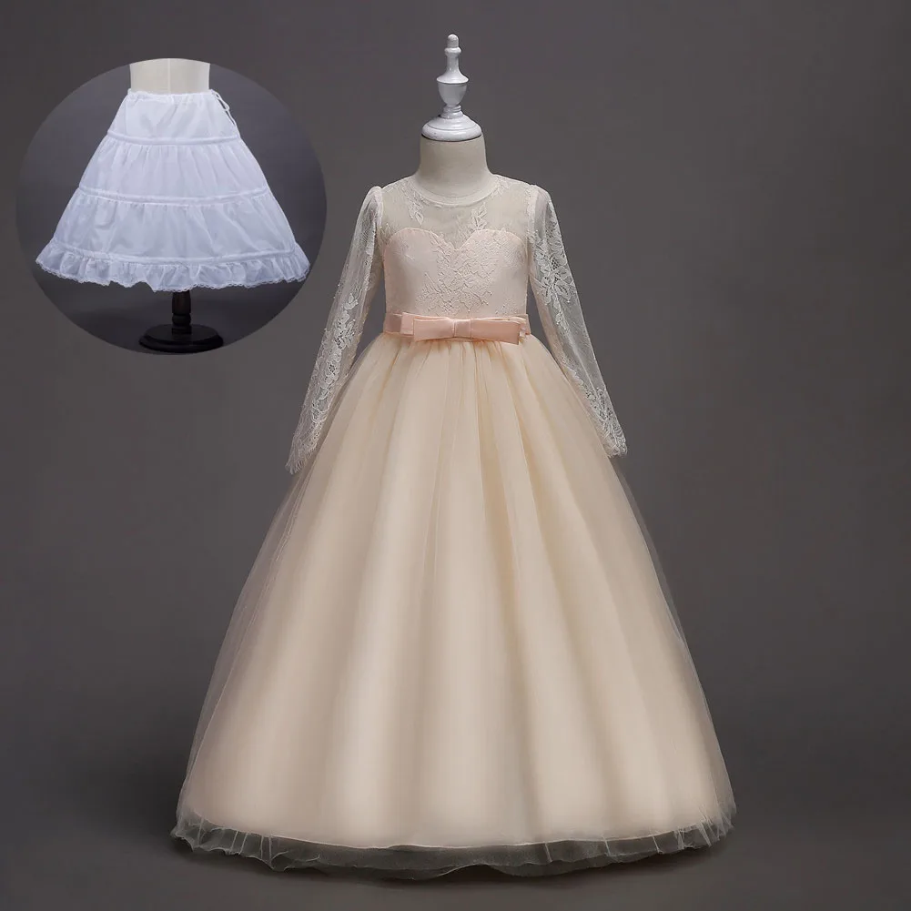 

Teen Girls Princess Girls Formal Wedding Party Evening Dress Belted Summer Flower Girl Dress with Long Sleeves