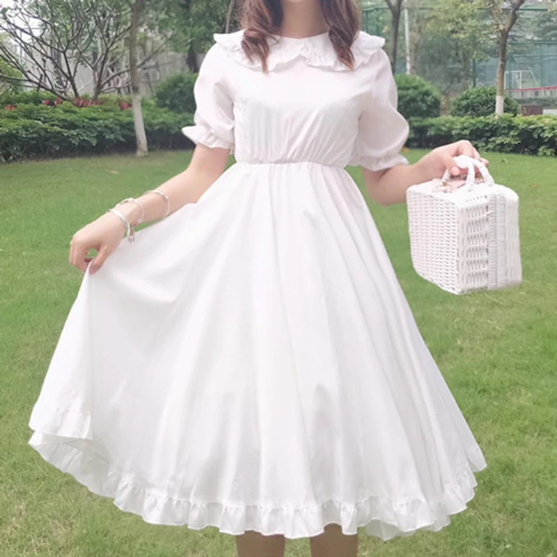 Lolita Style Women Cute Dress Autumn Japanese Mori Girl Peter Pan Collar White Casual Ruffle Solid Loose Long Sleeve | Женская одежда