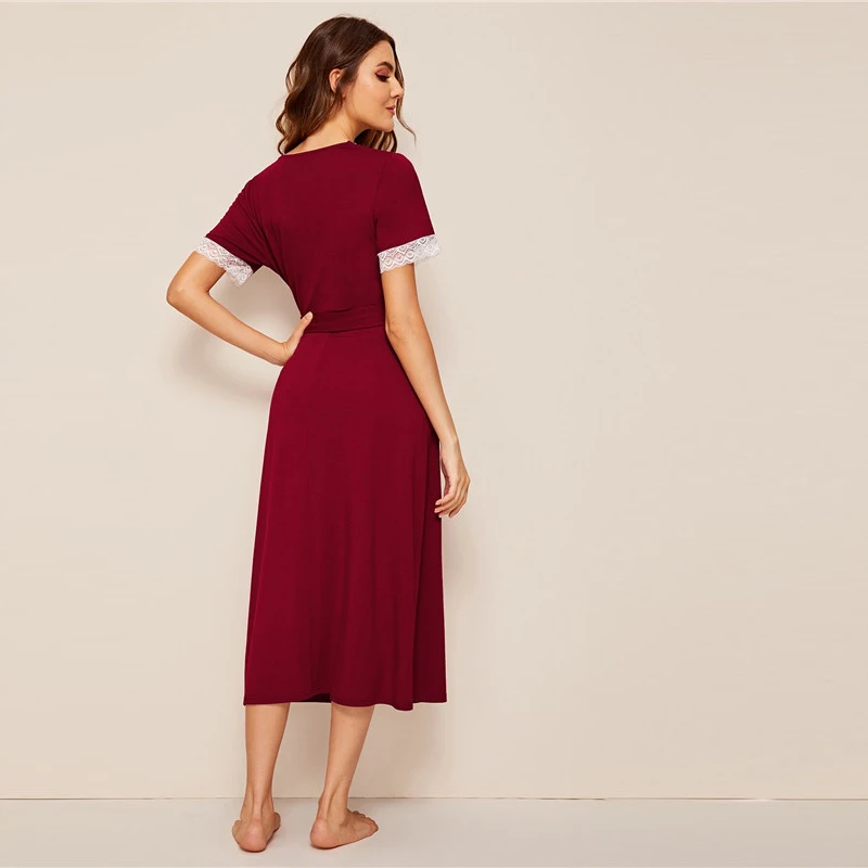 SHEIN контрастное кружевное вечернее платье с вырезом и поясом бордовое с коротким рукавом с глубоким v-образным вырезом сексуальное ночное белье дамское Летнее белье