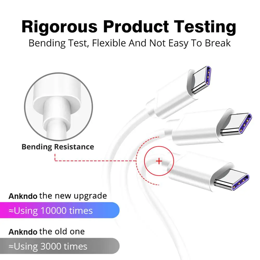 USB кабель Ankndo Type C 5 А Сверхбыстрый зарядный для устройств Android с функцией Supercharge