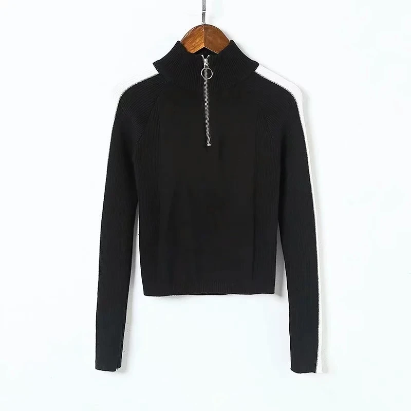 Женский трикотажный джемпер на молнии с полосками по бокам | Женская одежда