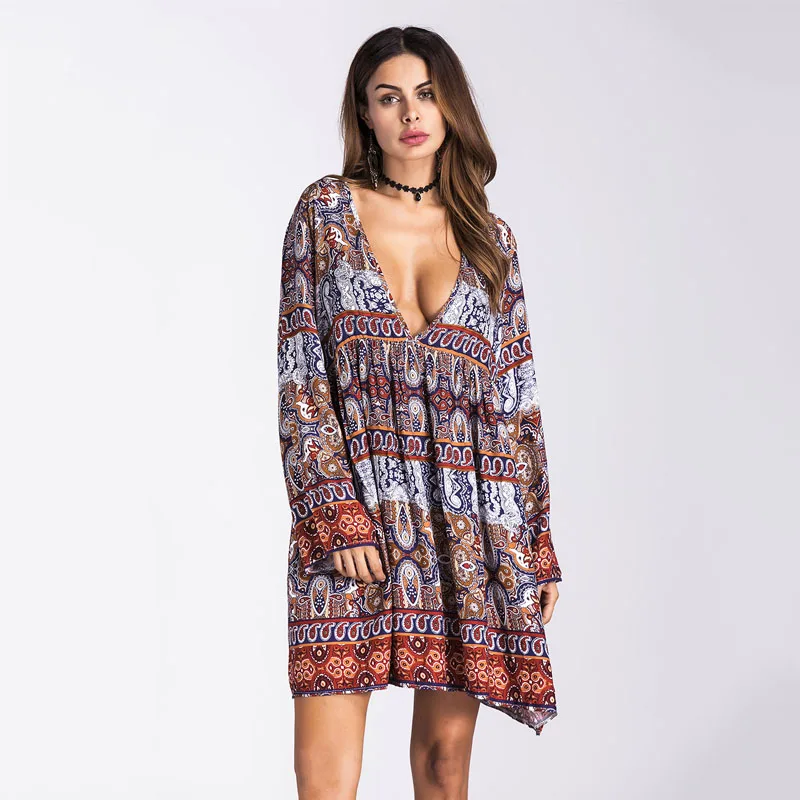 Женский винтажный сарафан boho свободный пляжный большого размера с глубоким