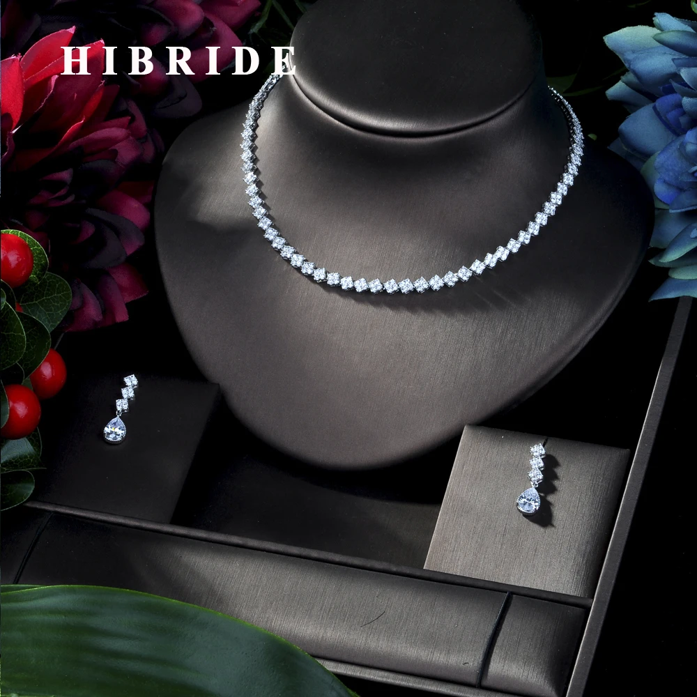 

HIBRIDE Stunning Big Carat Round CZ Crystal Necklace and Earrings Luxury Bridal Party Jewelry Set For Wedding Evening N-288