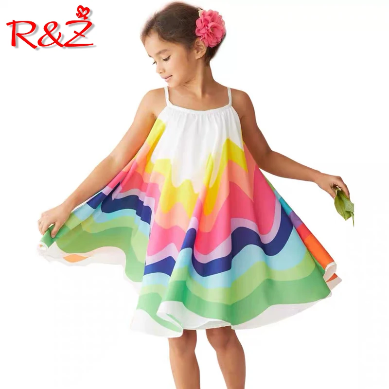 

Детское платье R & Z, Новинка лета 2019, праздничное пляжное платье для девочек, детское платье принцессы в полоску с радужным принтом