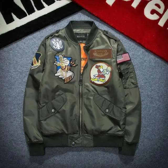 Green Thin Jacket Осенняя Новинка, мужская одежда США, вышитый значок MA1, пилот, летная куртка-бомбер, пальто letterman, Университетская, тонкая, утепленная, верхняя одежда - Цвет: Green Thin Jacket