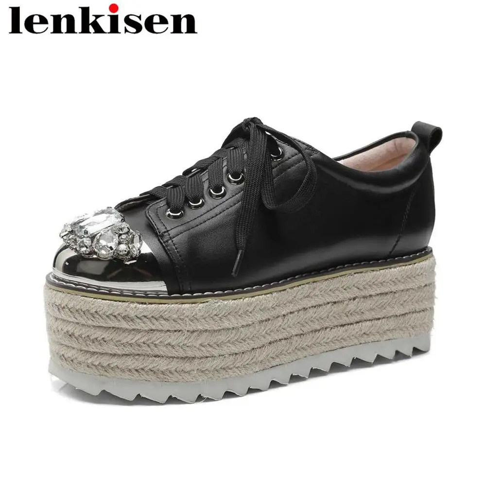 cow leather Lenkisen кристаллов на Высоком толстом подошвой обувь на танкетке из натуральной кожи, с круглым носком, на шнуровке соломинка декоративная особенность для женщин уютные женские туфли-лодочки L10 - Цвет: cow leather