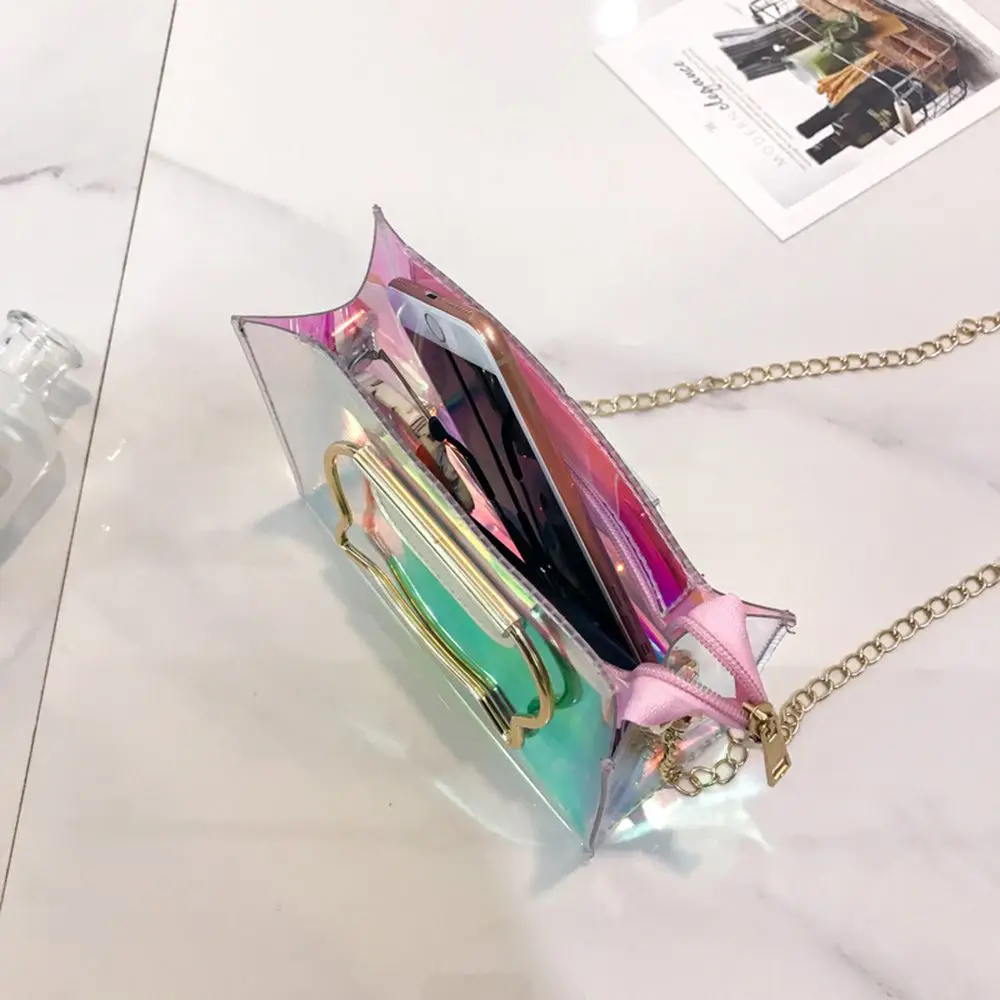 

New Women Plastic Messenger Handbag Transparent Laser Handbag Clutch Shoulder Crossbody Bag Chain Clear High quality