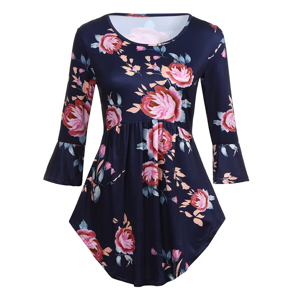 

Women Blouses Summer Nice Ladies Flore Sleeve Printing Five-Sleeve Crew Neck Blouse Tee Shirt Tops Loose