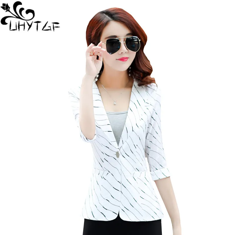 

UHYTGF Casual small suit summer jacket women's Fashion striped elegant Female coats Temperament slim spring short outerwear 471