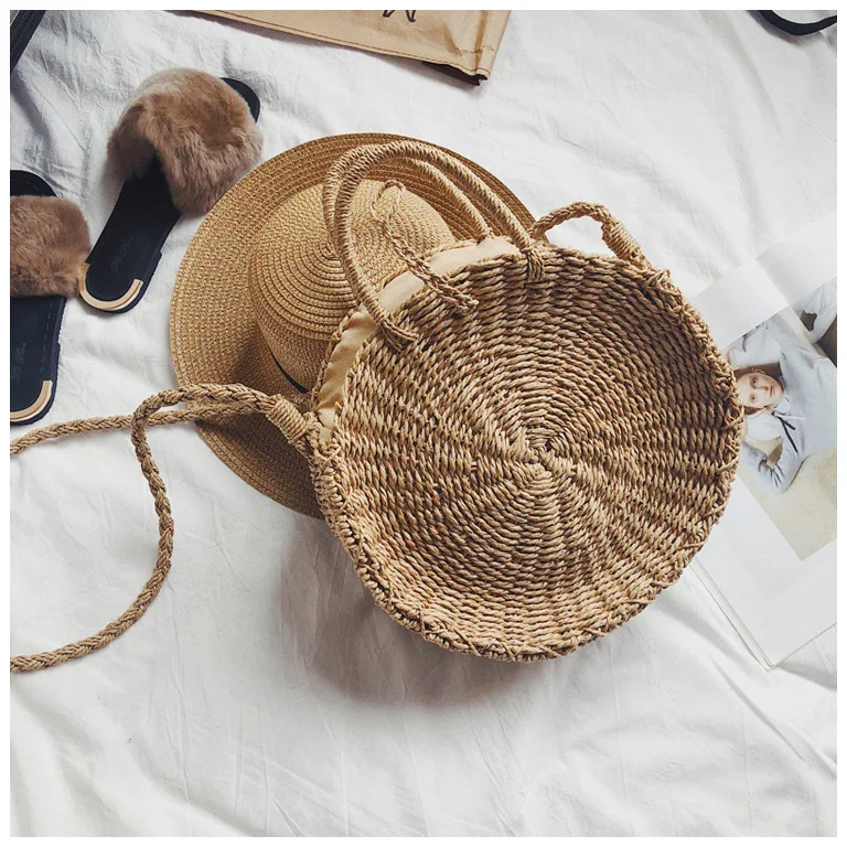 Плетеная пляжная сумка модные повседневное Tote ручная соломенная женская через