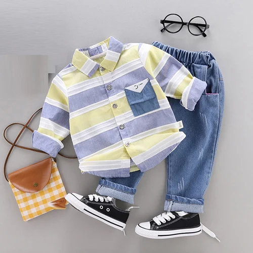 yellow baby set Весенняя одежда для младенцев комплекты одежды для маленьких мальчиков футболка с длинными рукавами+ джинсы, костюм для Новорожденные мальчиков наряды праздничное платье для девочки 1 года комплект для дня рождения - Цвет: yellow baby set
