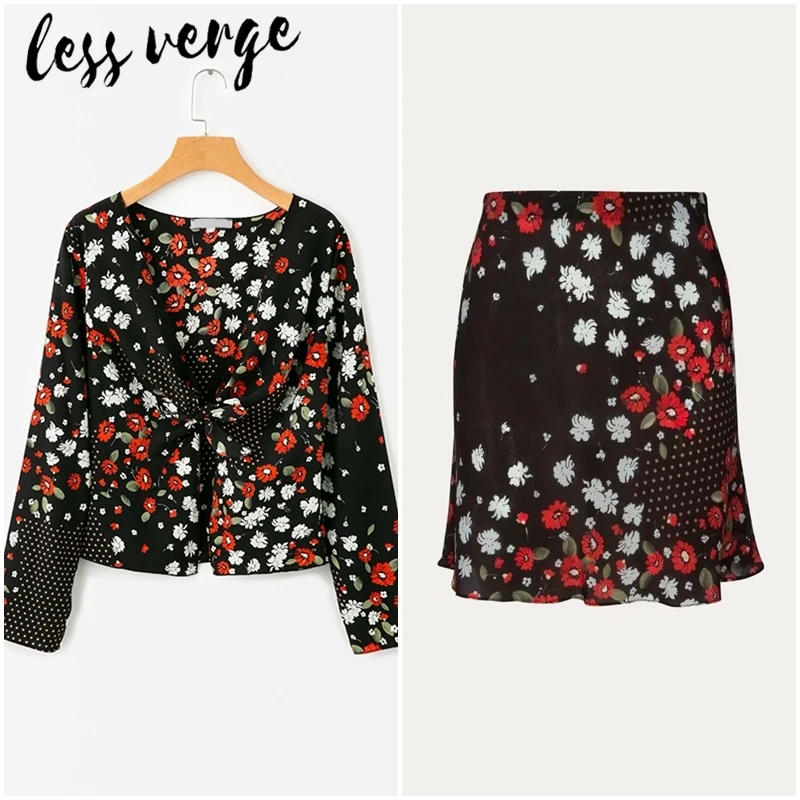 Lessverge/Черный Шифоновый комплект из двух предметов с цветочным рисунком красные