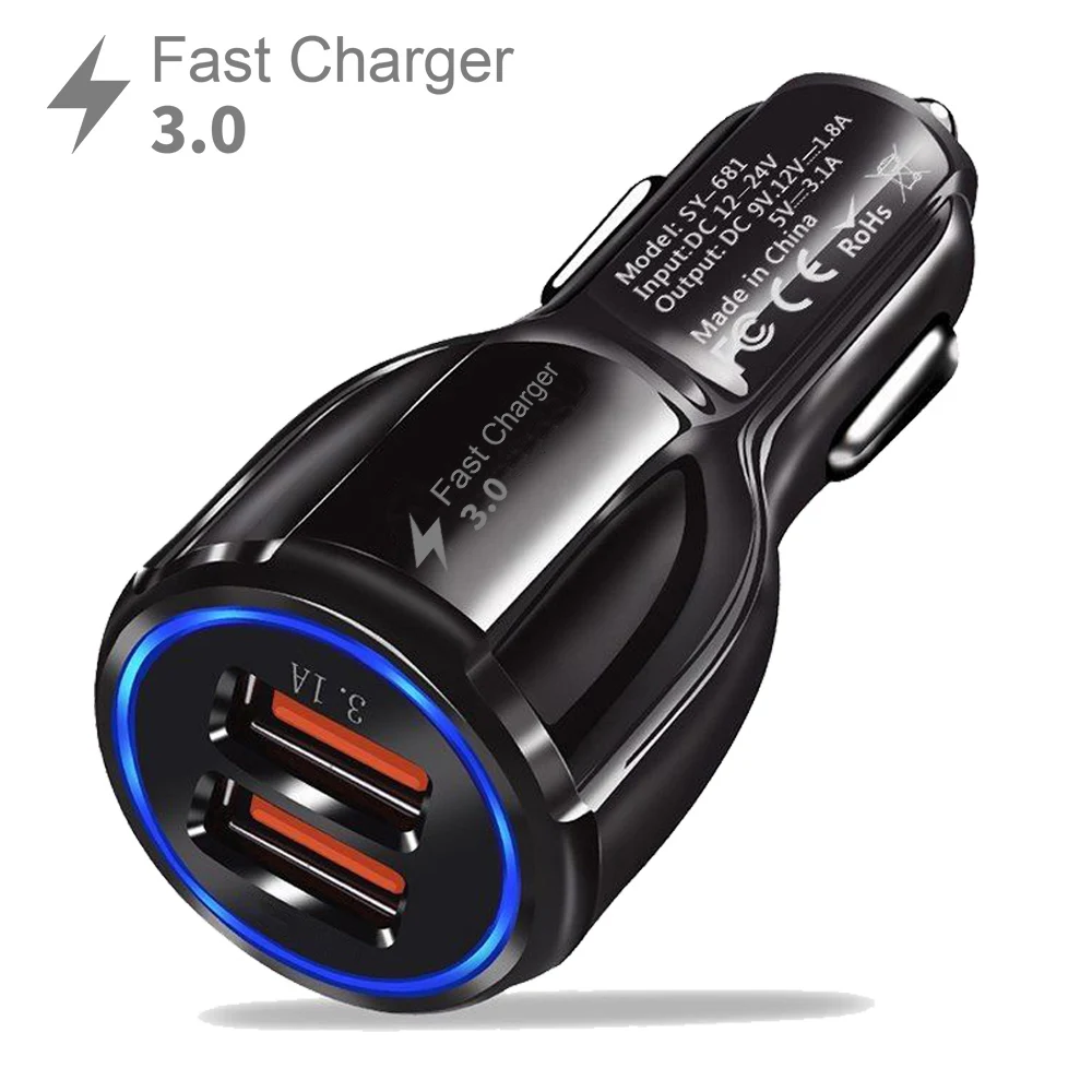 Автомобильное зарядное устройство с двумя USB выходами мощность QC3.0 3 1 А быстрая