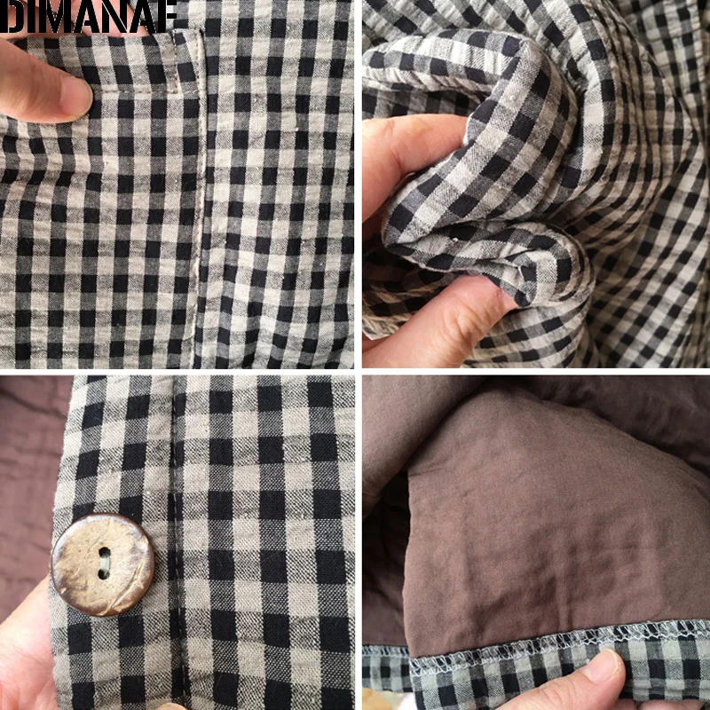 DIMANAF, женские парки, длинное пальто, хлопковая одежда, утолщенная, теплая, Осень-зима, плюс размер, женская, винтажная, в клетку, свободная верхняя одежда