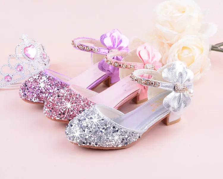 Girls sandals high heels spring and summer rhinestones bow princess Performance /wedding crystal single shoes shiny silver