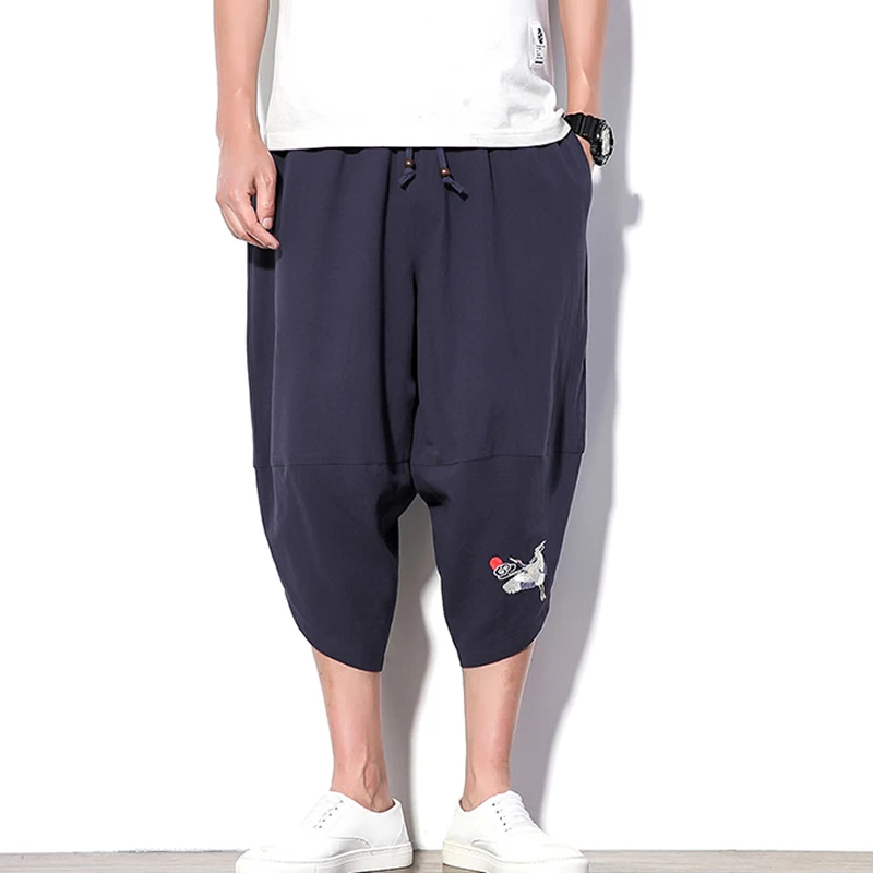 

Men Cotton Linen Pants Summer Casual Wide-legged Bloomers Chinese Style Baggy Loose Chinese Embroidery Clothing