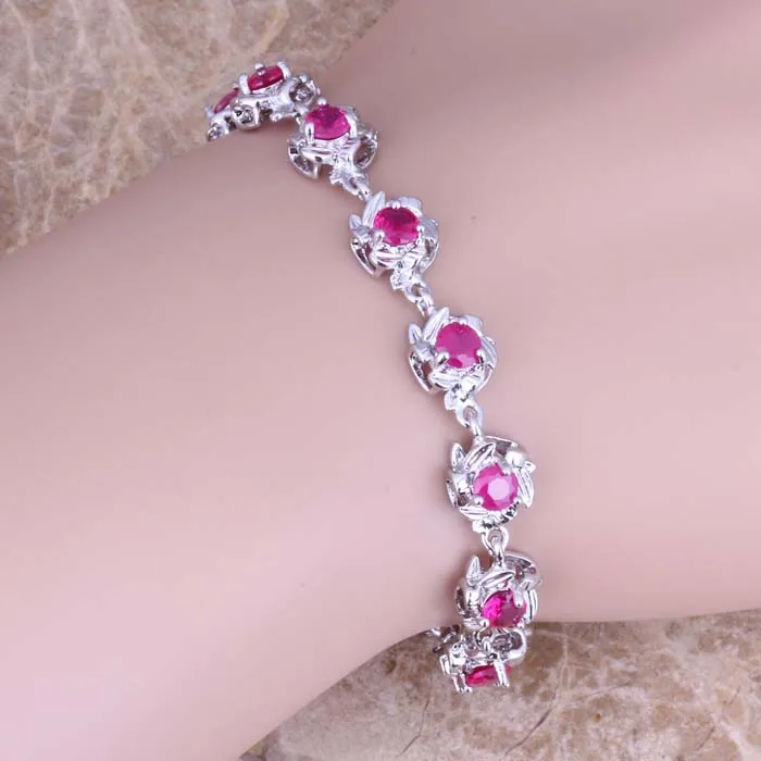 Блестящий браслет цепочка из красного кубического циркония с серебряным