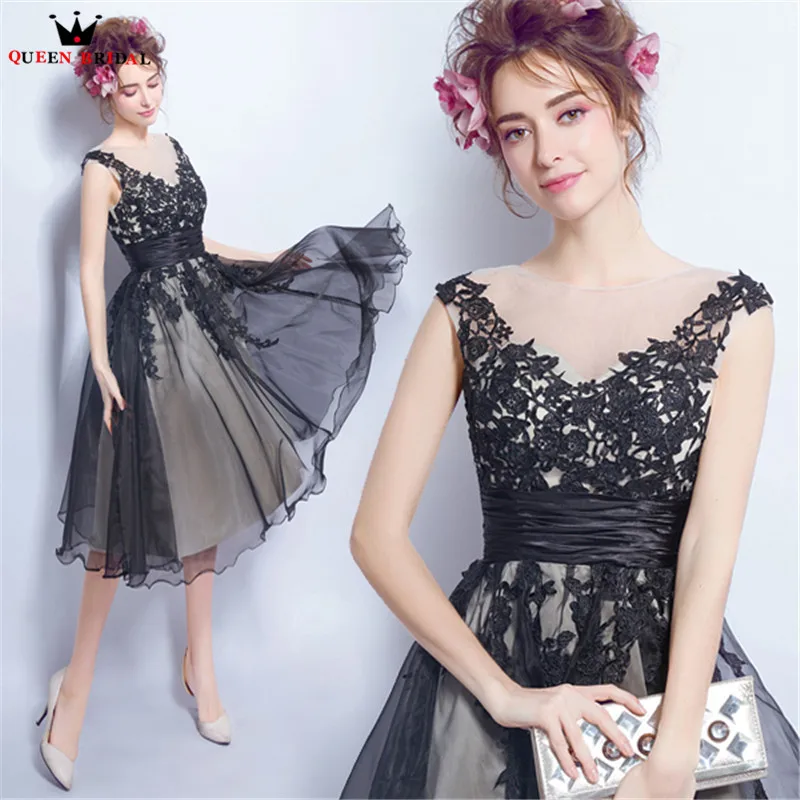 Черное платье для вечеринки Tea Length A-line V-neck Lace Tulle Short Black Elegant Evening Dresses Prom Party Dress Gowns Robe De Soiree NT46.
