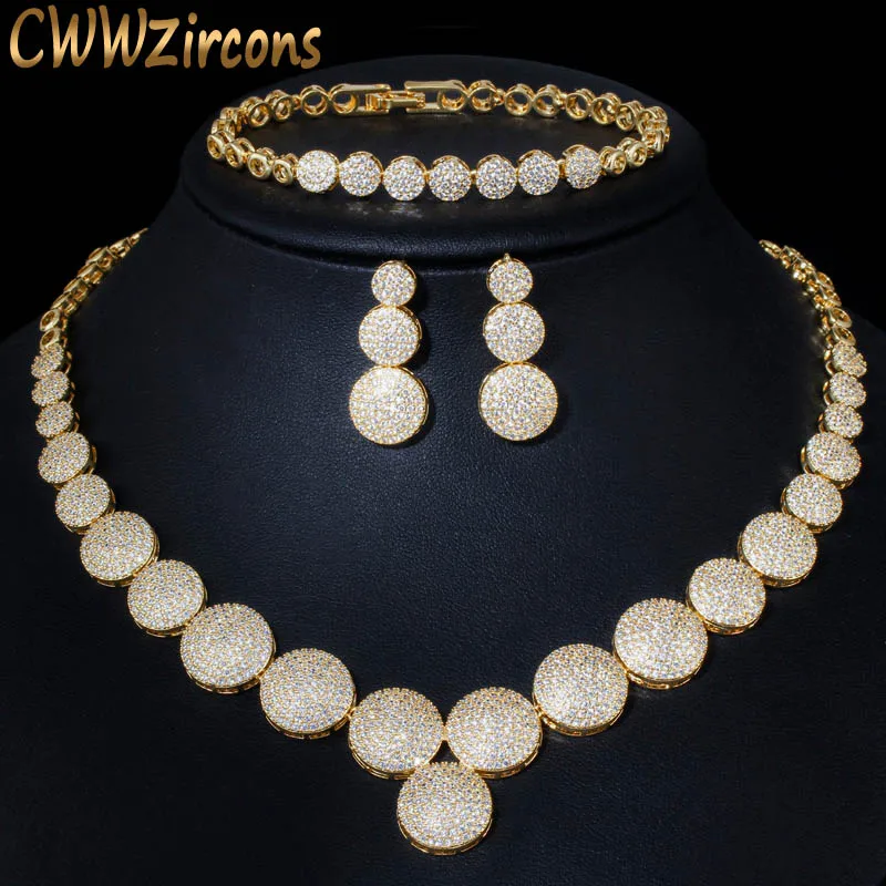 CWWZircons 3 шт. высокое качество кубический циркон Дубай золото ожерелье набор украшений для женщин Свадьба Вечеринка платье аксессуары T349