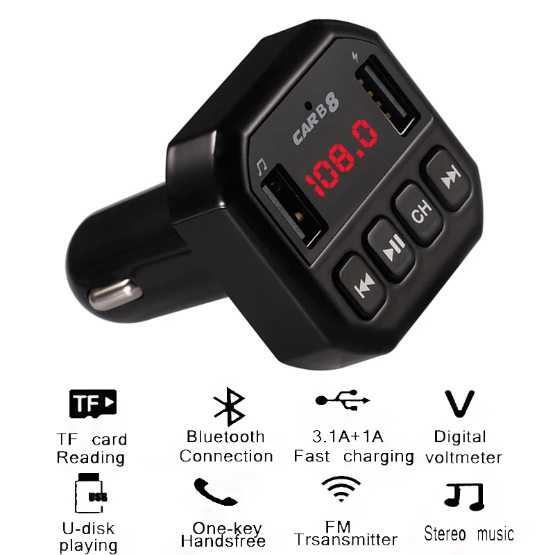 Автомобильный fm-передатчик, Bluetooth 4,2, стерео Mp3 плеер, u-диск, TF карта, цифровой вольтметр, двойной USB 3.1A, зарядное устройство для телефона