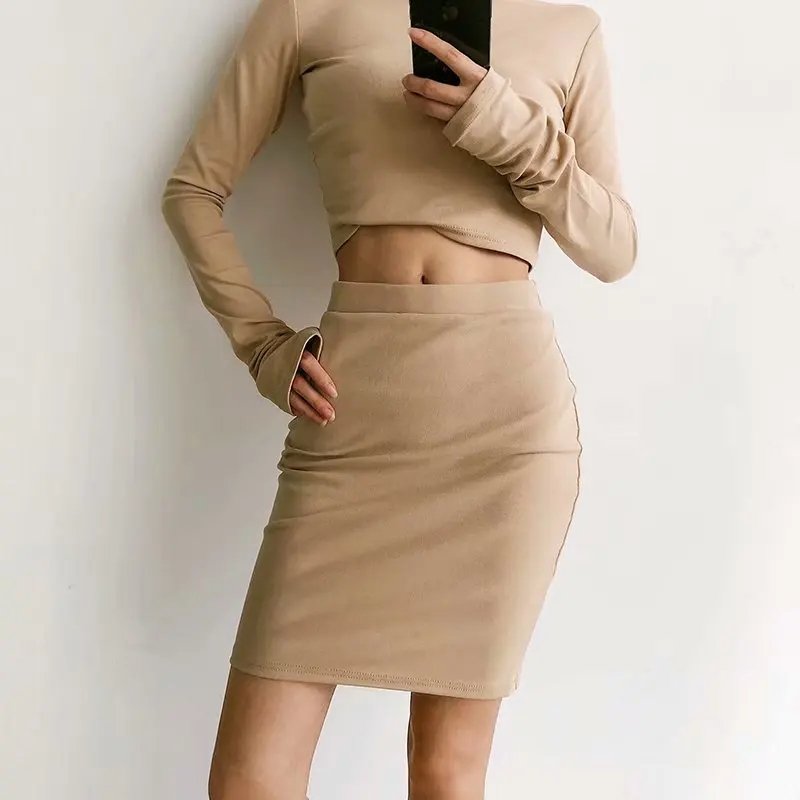 Spring O Neck Long Sleeve Pullovers Slim Solid Color Women 2 Piece Set Dress Party Sexy High Street | Женская одежда