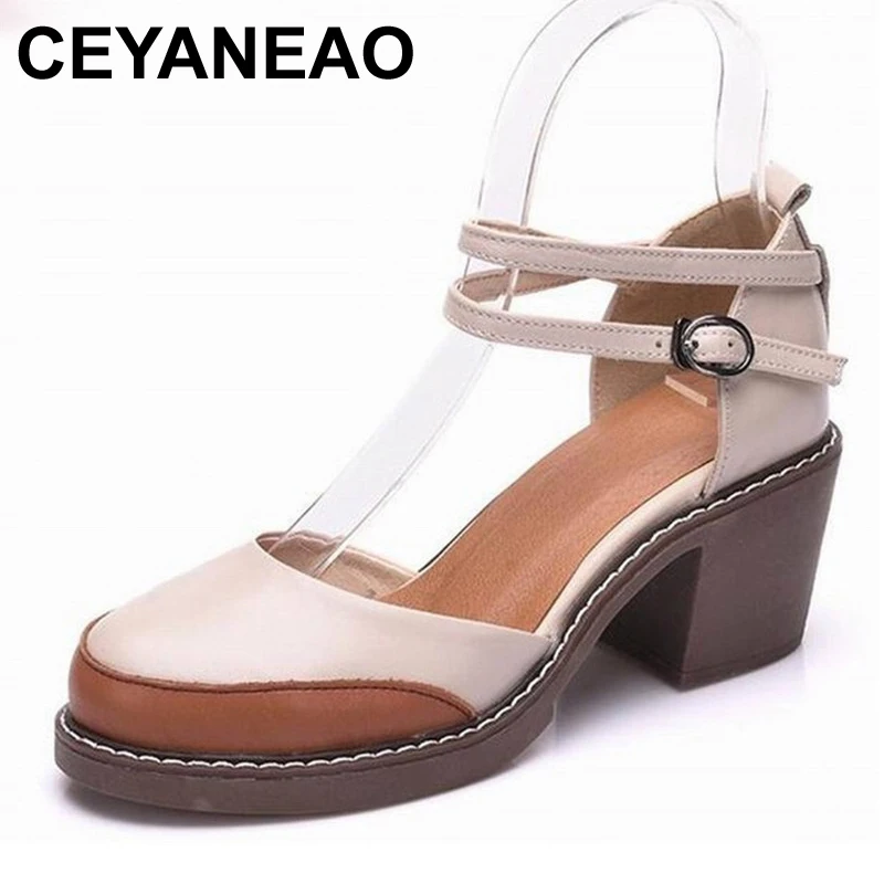 

CEYANEAO Shoes Woman 100% Genuine Leather Women Pumps Lady Leather Round Toe Platform Shallow Mouth Shoes Size 34-40 E1504