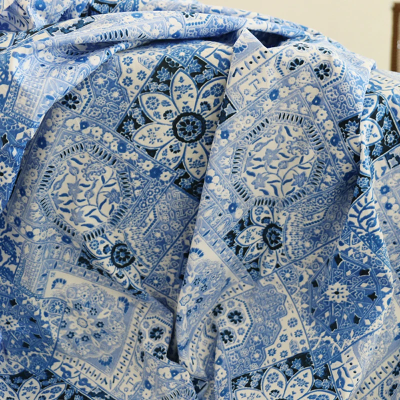 50cm*145cm Ethnic Silk Cotton Textile Vintage Chinese Blue White Fabric For Children | Дом и сад